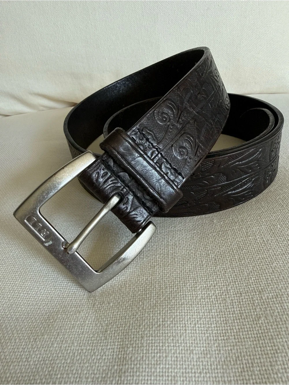 LAUREN RALPH LAUREN Floral Embossed Genuine Leather Black Belt Size XL